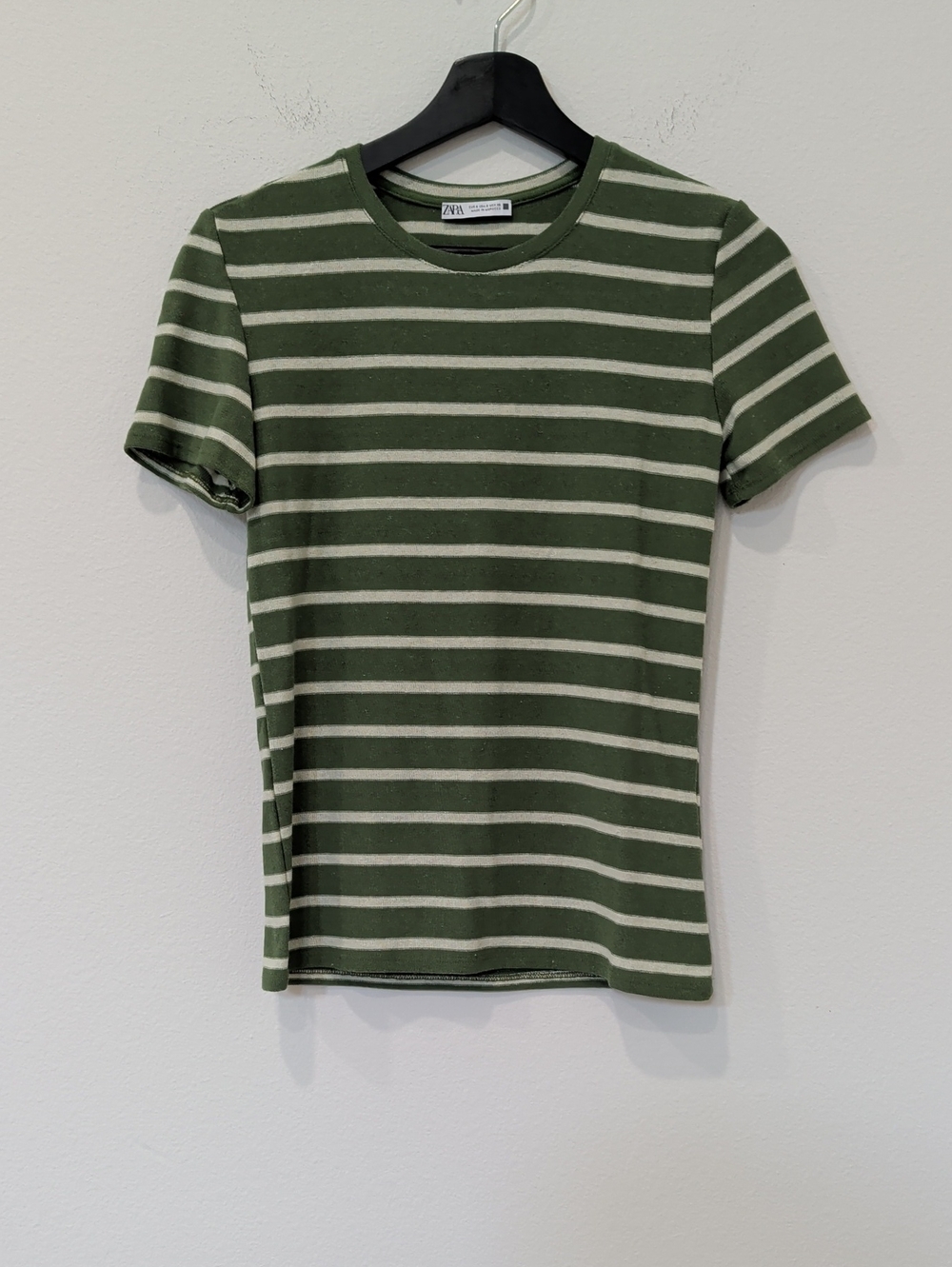 Zara Olive Green and White Striped Short Sleeve Crewneck